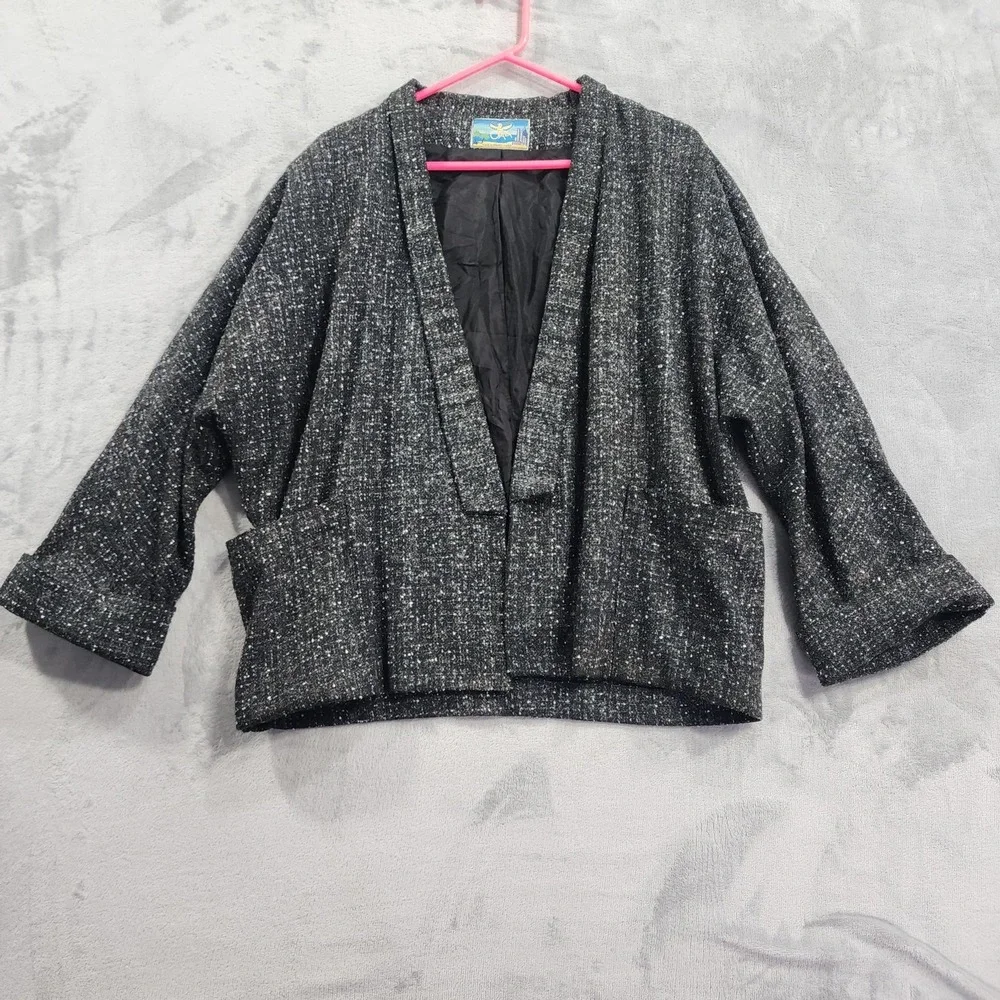Vintage Otalia Paris Jacket Womens One Size Black Wool‎ Tweed Kimono Open Front